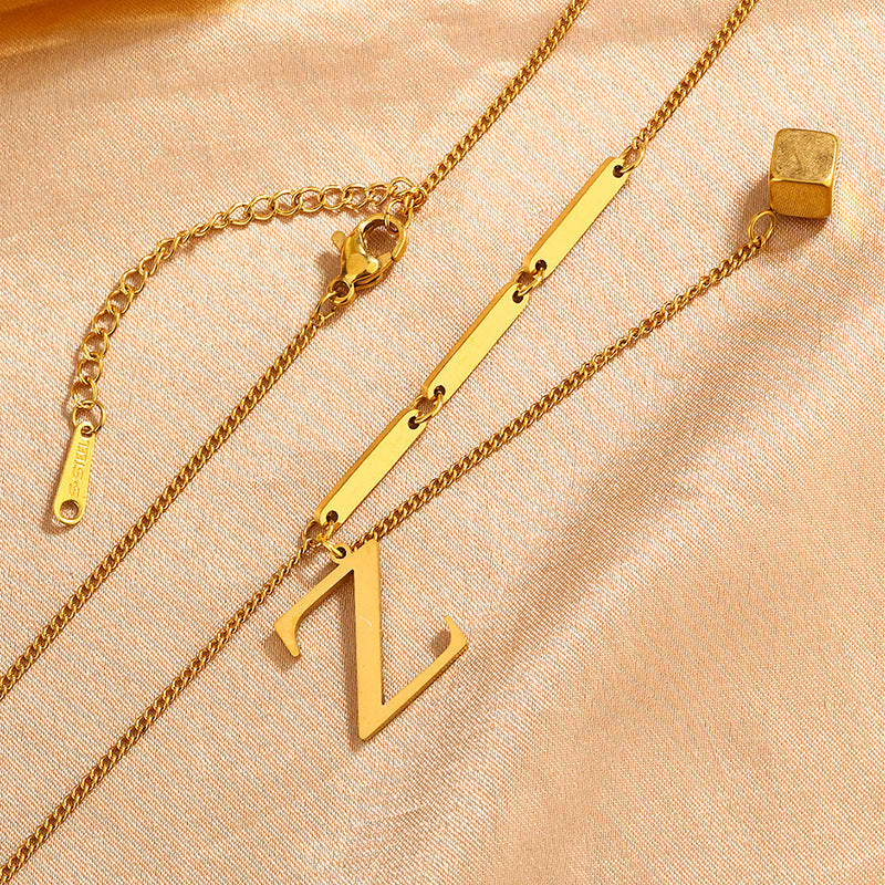 Elegant Business Titanium Steel Plated Letter Z Square Pendant Necklace for Unisex