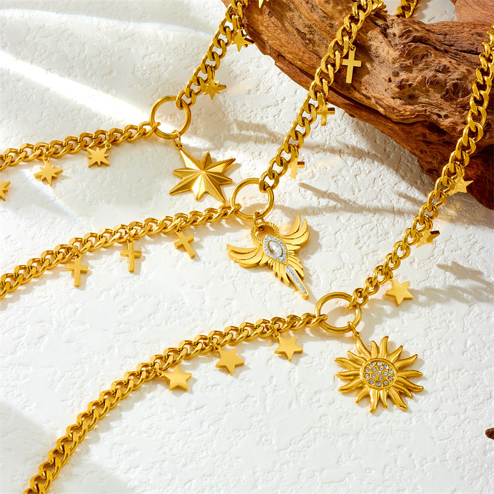 Casual Business Stainless Steel Plated Star Geometric Rhinestone Wing Sun Pendant Necklace for Women