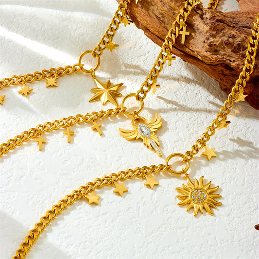 Casual Business Stainless Steel Plated Star Geometric Rhinestone Wing Sun Pendant Necklace for Women