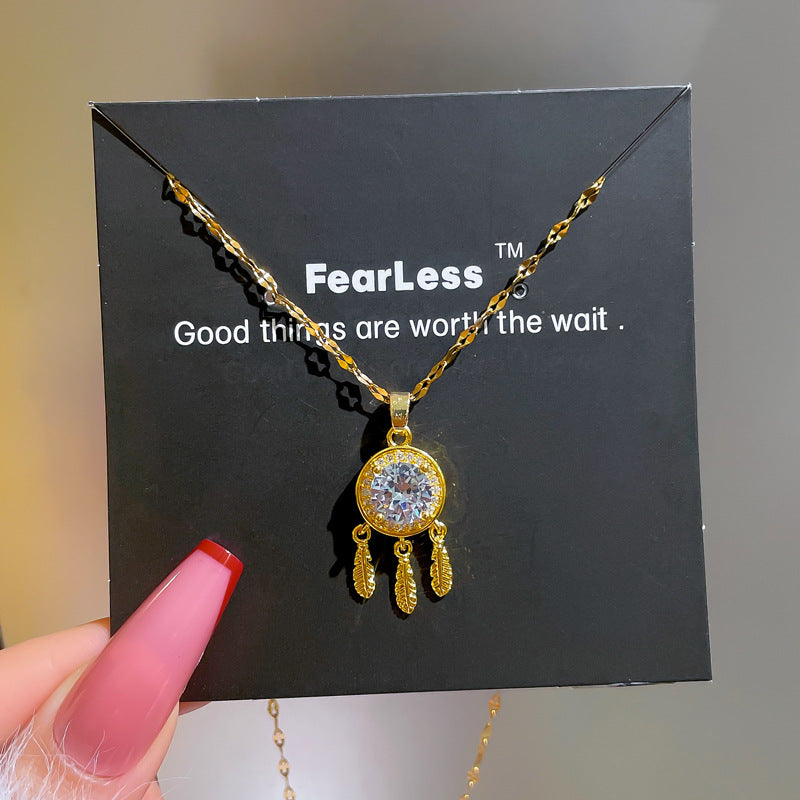 Ethnic-Inspired Feather Tassel Dreamcatcher Pendant Necklace in Titanium Steel with Zircon Inlay on Snake Chain for Women