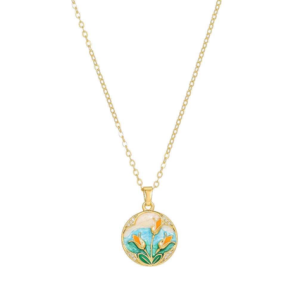 Elegant Drip Oil Floral Brass Gold Plated Necklace with Cubic Zirconia Inlay Cable Chain