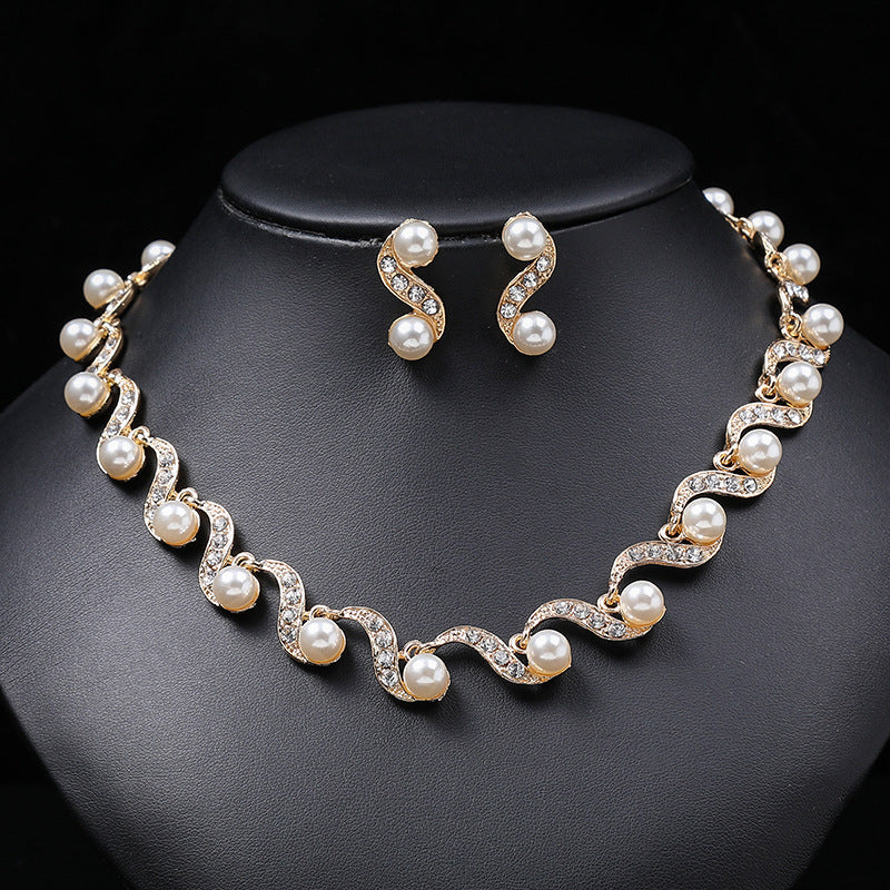 Chic Minimalist Pearl Pendant Necklace and Earrings Set for Women Alloy Chain with Twisted Rope Detail