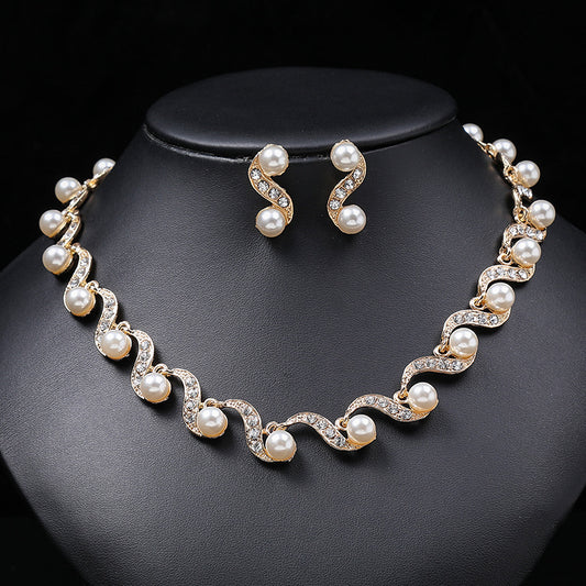 Elegante conjunto minimalista de collar y pendientes de perlas para mujer, cadena de aleación con detalle de cuerda trenzada