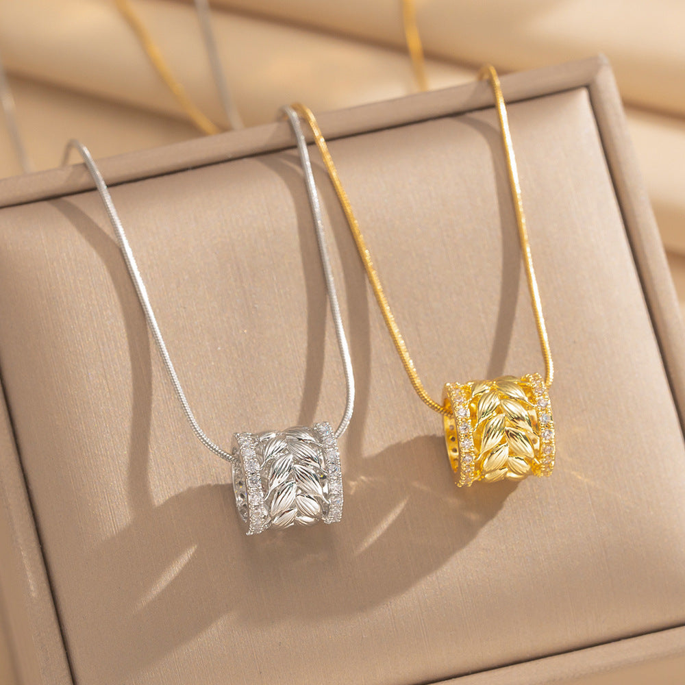 Light Luxury 18K Gold Plated Copper and Zircon Wheat Ear Geometric Pendant Necklace with Snake Chain for Women