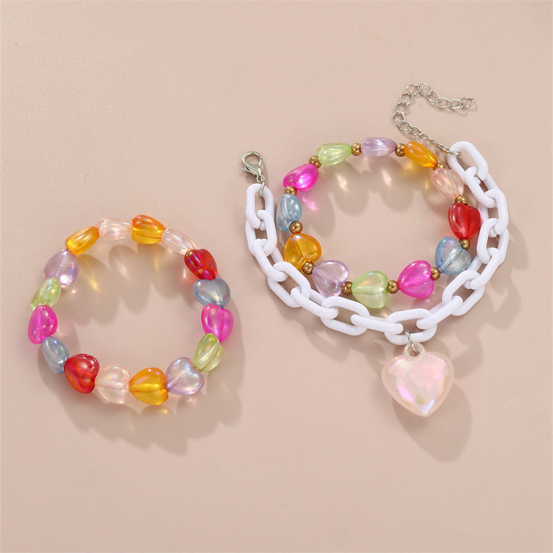 Dulce pulsera acrílica en forma de corazón para niñas con diseño de cuentas, accesorio de verano hecho a mano