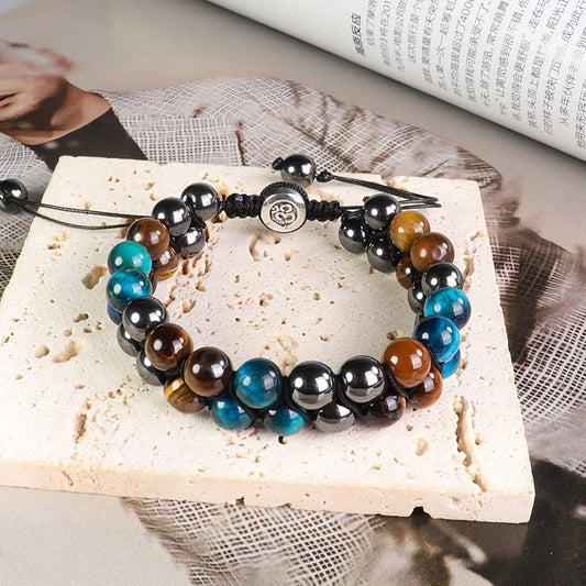 Men's Geometric Agate Woven Bracelet with Floral Pattern