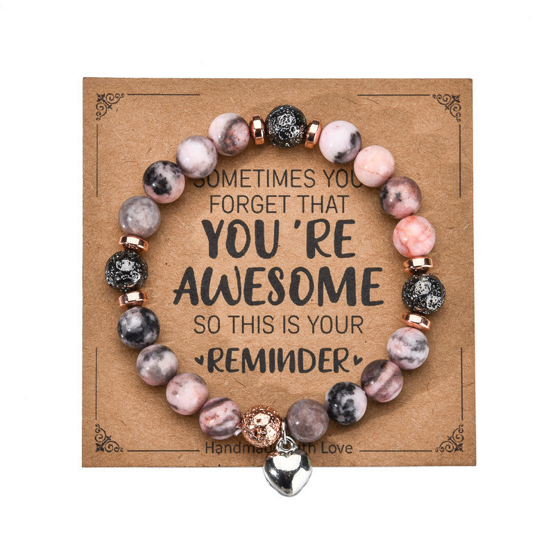 Sweet Zebra Print Agate Heart Bracelet with Imitation Pearl and Green Pink Crystal Unisex Jewelry