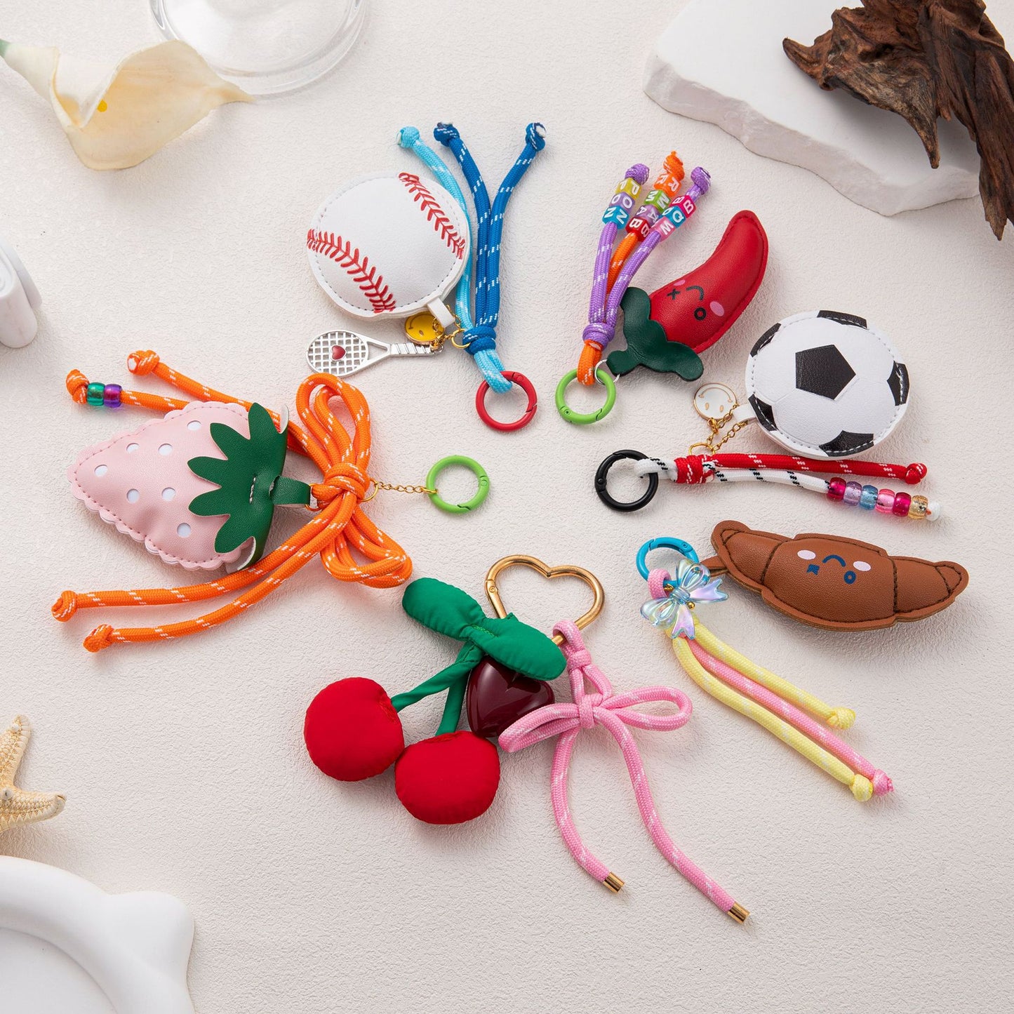 Fruit Pattern Plated Brass Bag Charm Keychain with Cherry Pepper Soccer Bow Designs