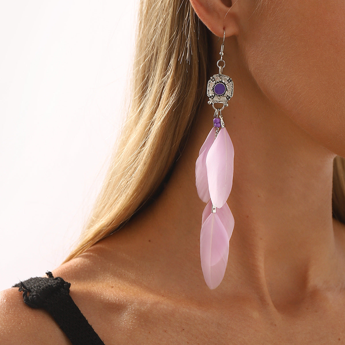 Bohemian Ethnic Vintage Feather Tassel Long Dangle Earrings in Zinc Alloy with Electroplated Finish for Women