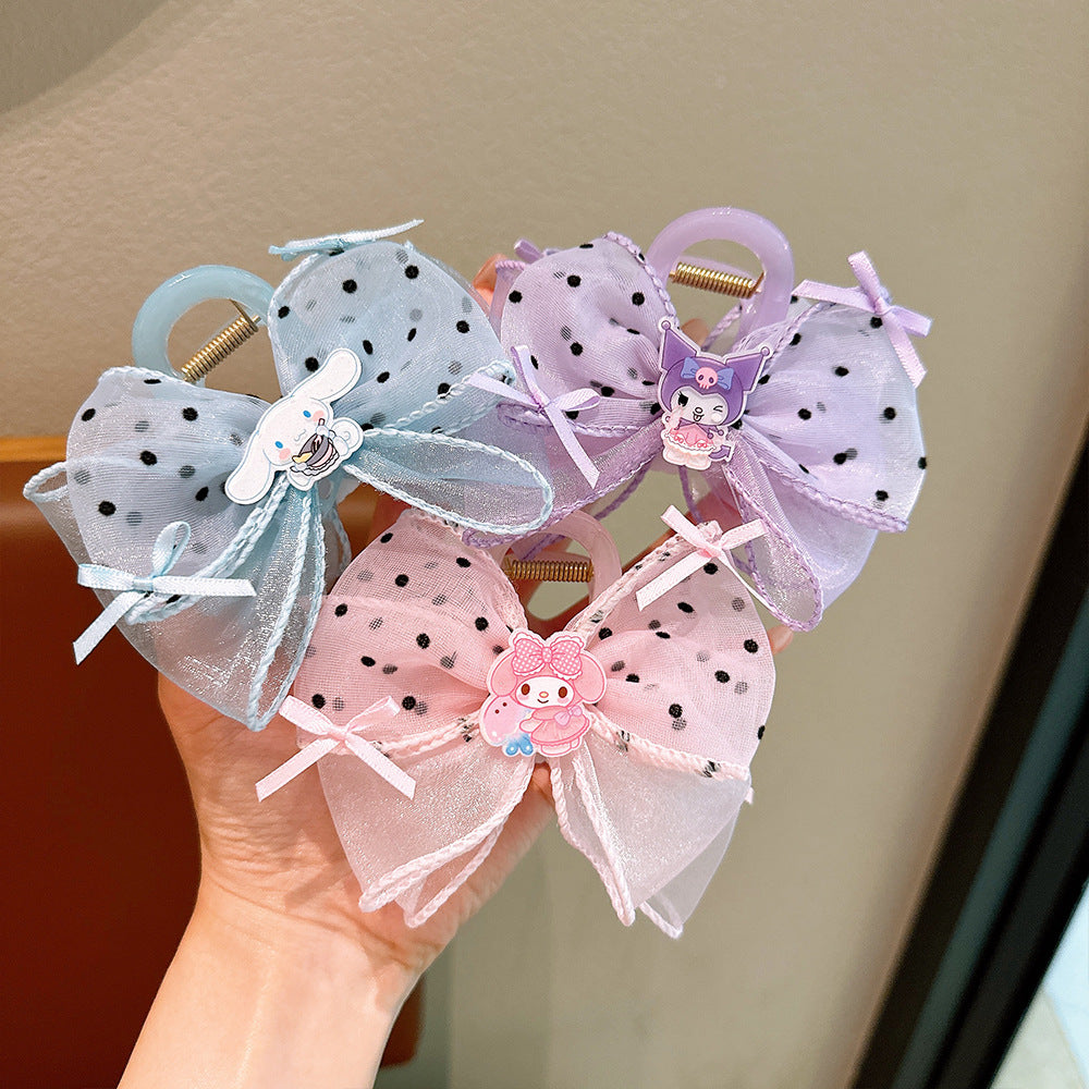 Cartoon Style Bow Hair Clip for Girls with Tulle and Sanrio-Inspired Character Design