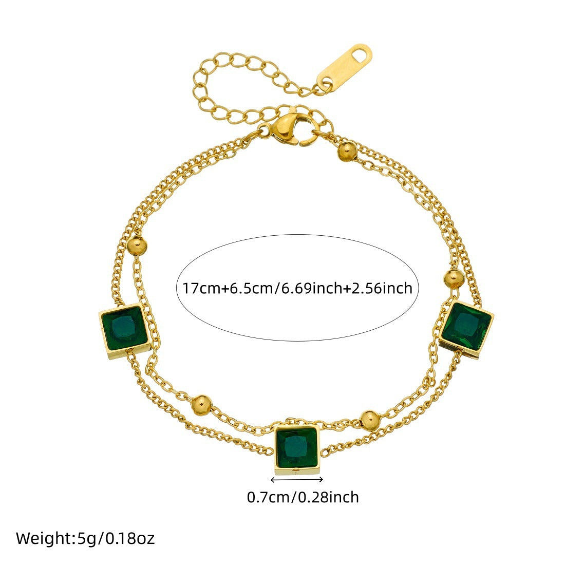 Gold Plated Stainless Steel Square Geometric Pendant Bracelet with Rhinestone and Green Glass Inlay for Women
