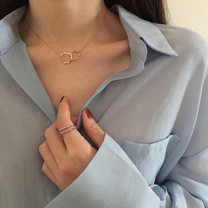 Minimalist Irregular Geometric Double Circle Pendant Necklace for Women with Titanium Steel Chain and Rhinestone Inlay