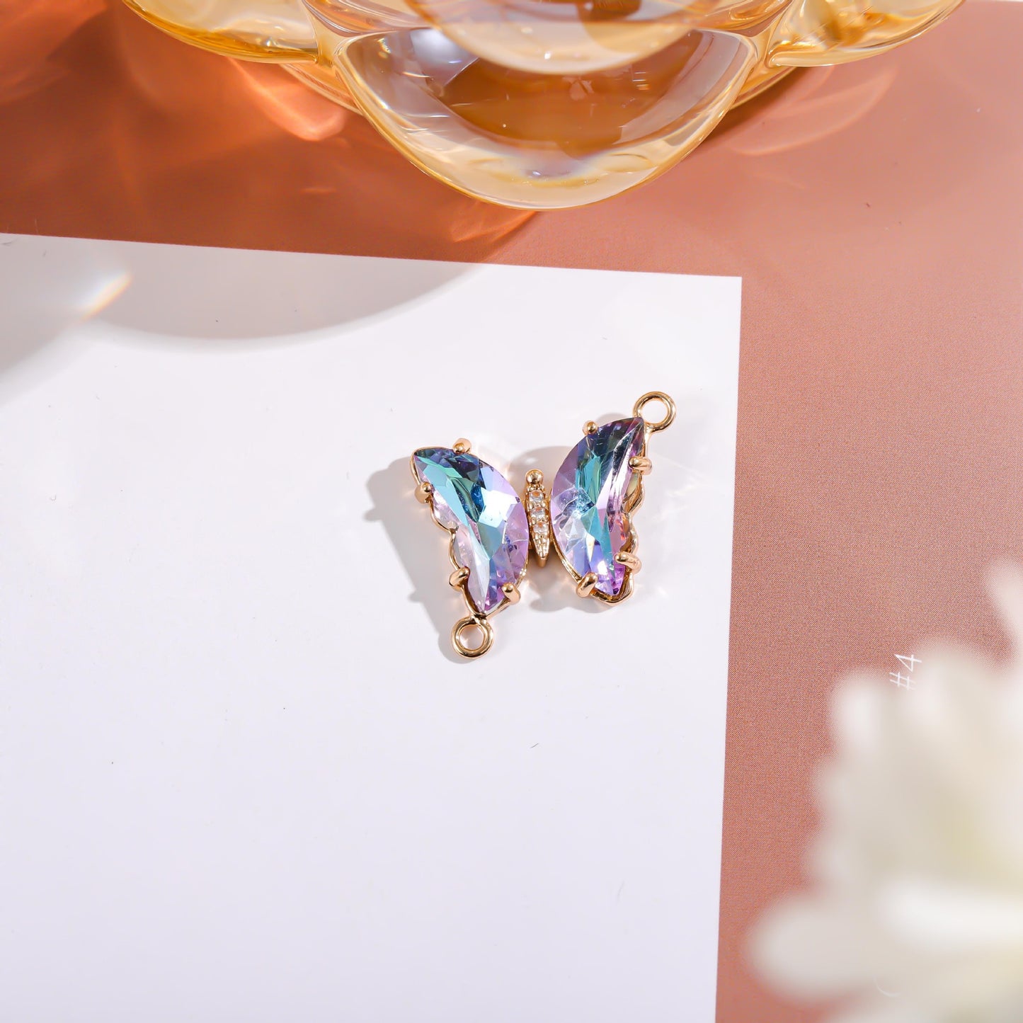 Sweet Gradient Glitter Crystal Butterfly Double Pendant Brass Plated Charm Bar