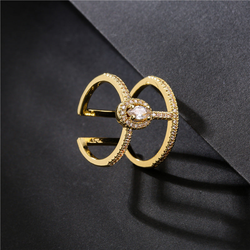 Minimalist Geometric Brass Ring with Micro-Inlaid Cubic Zirconia for Women