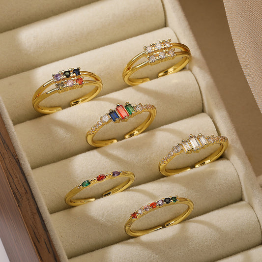 Minimalist Geometric Adjustable Ring for Women in Brass with 18K Gold Plating and Zircon Inlay