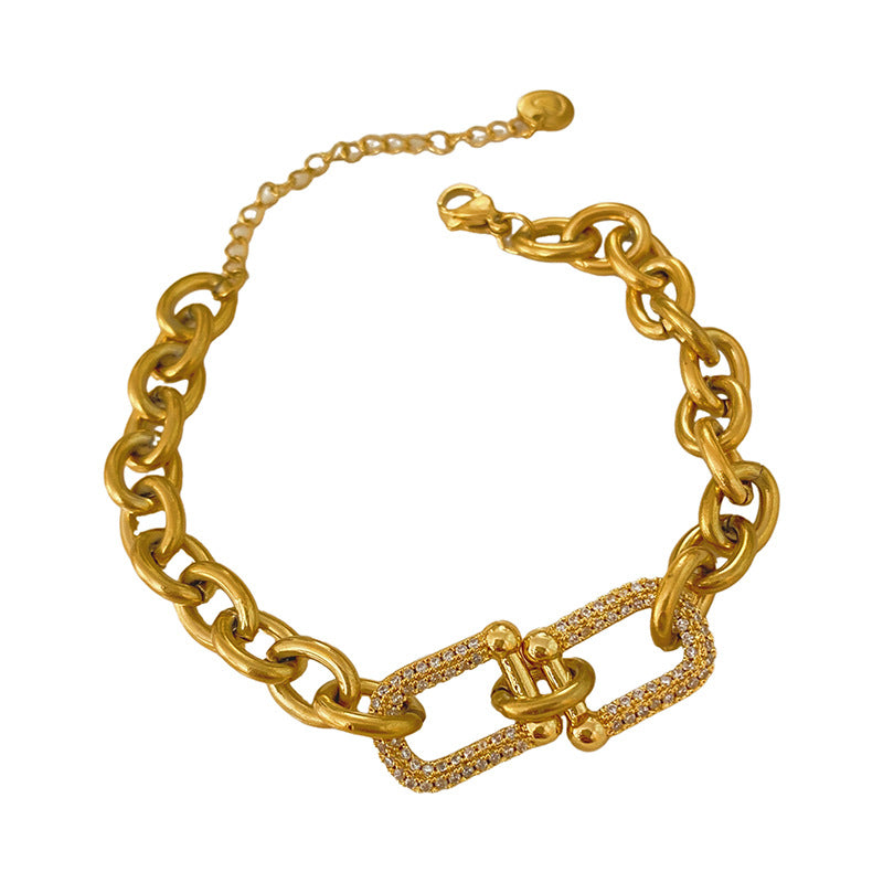 Minimalist Gold Plated Titanium Steel Micro-Pave Diamond Horseshoe Clasp Cuban Link Bracelet