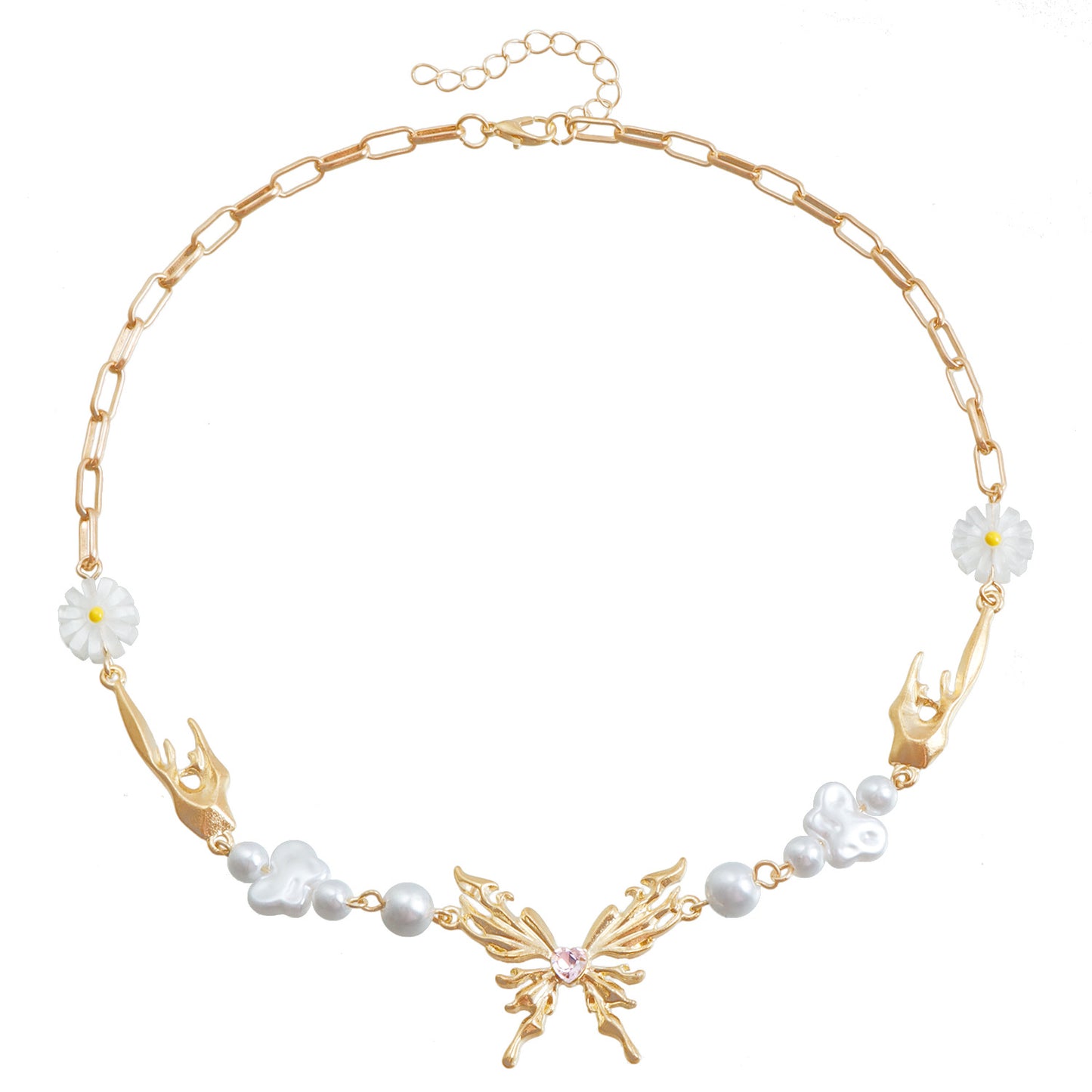 Fashionable Butterfly and Floral Pendant Necklace with Alloy Heart and Square Chain for Women