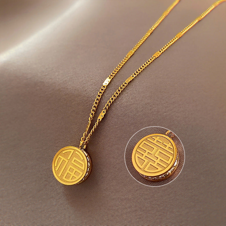 Fashionable Chinese Character Fu Pendant Necklace for Women Titanium Steel Snake Chain with Rhinestone Inlay Minimalist Lock Collar Design