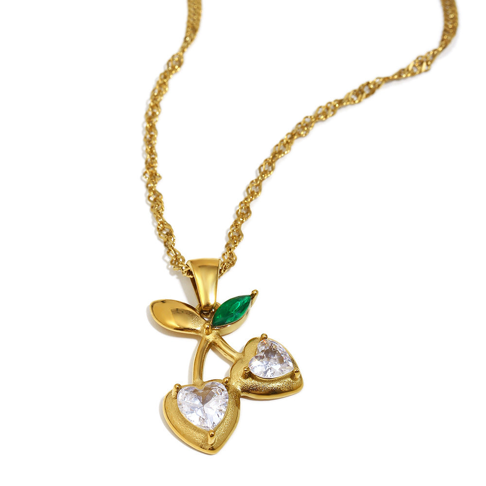 Collana Minimalista da Donna a Forma di Ciliegia in Acciaio Inossidabile con Placcatura in Oro 18 carati e Strass Trasparenti