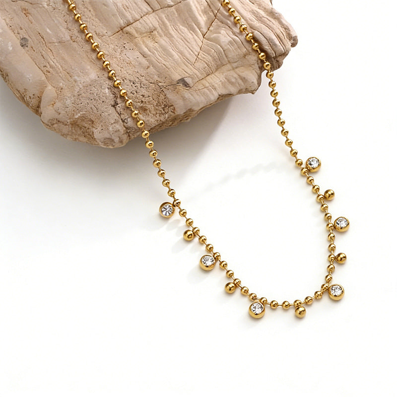 Vintage Geometric Round Stainless Steel Gold Plated Cubic Zirconia Necklace Ball Chain Unisex