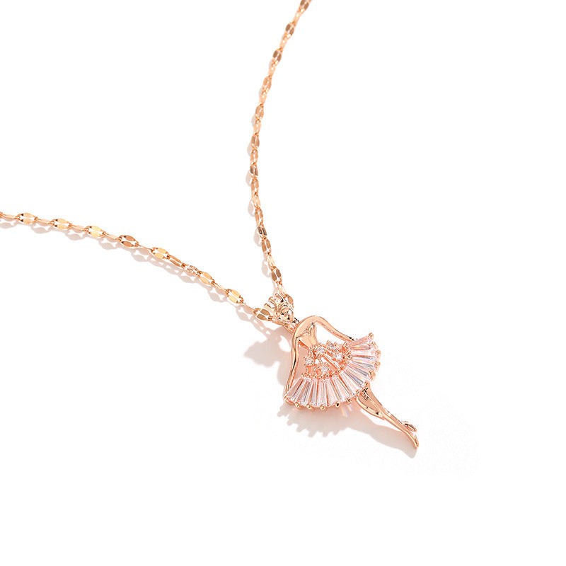 Collana Bambina Ballerina Cartone Animato in Acciaio al Titanio Placcato Oro Rosa con Ciondolo a Labbro su Catena Ondulata per Donna