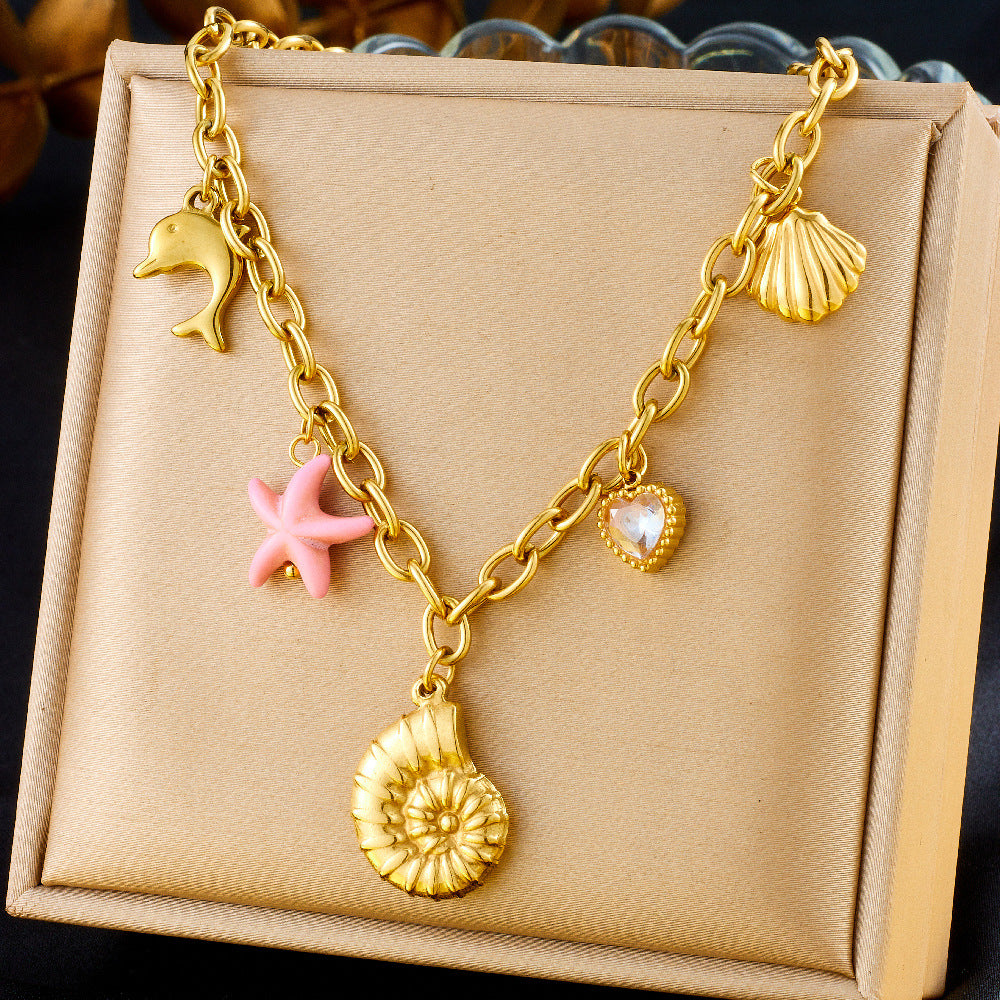 Personality Drip Oil Stainless Steel Dolphin Starfish Pearl Shell Necklace with Thick Chain for Women