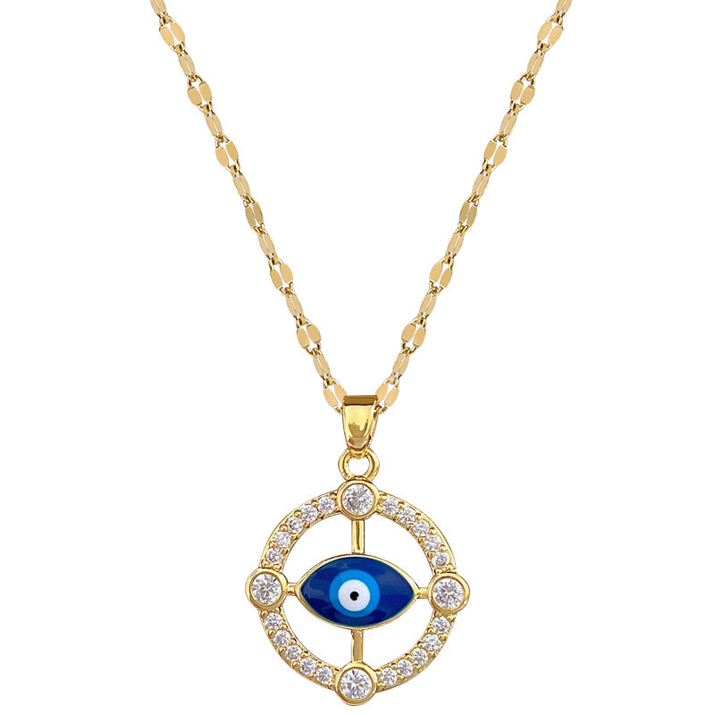 Minimalist Round Eye Pendant Necklace for Women and Men Stainless Steel Chain with Rhinestone Accents Lightweight Clavicle Chain