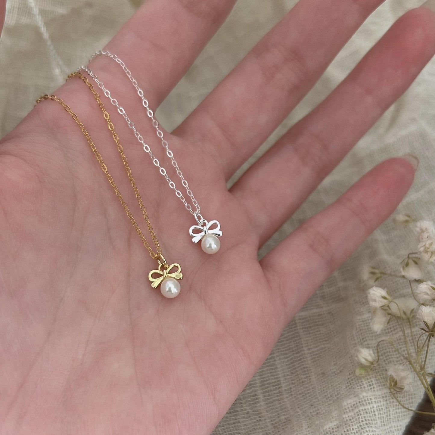 Minimalist Bow Knot Pendant Necklace in 925 Sterling Silver with Pearl Accents on Snake Chain