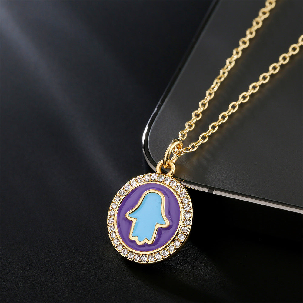 Geometric Round Drip Oil Brass Pendant Necklace with Cubic Zirconia for Women