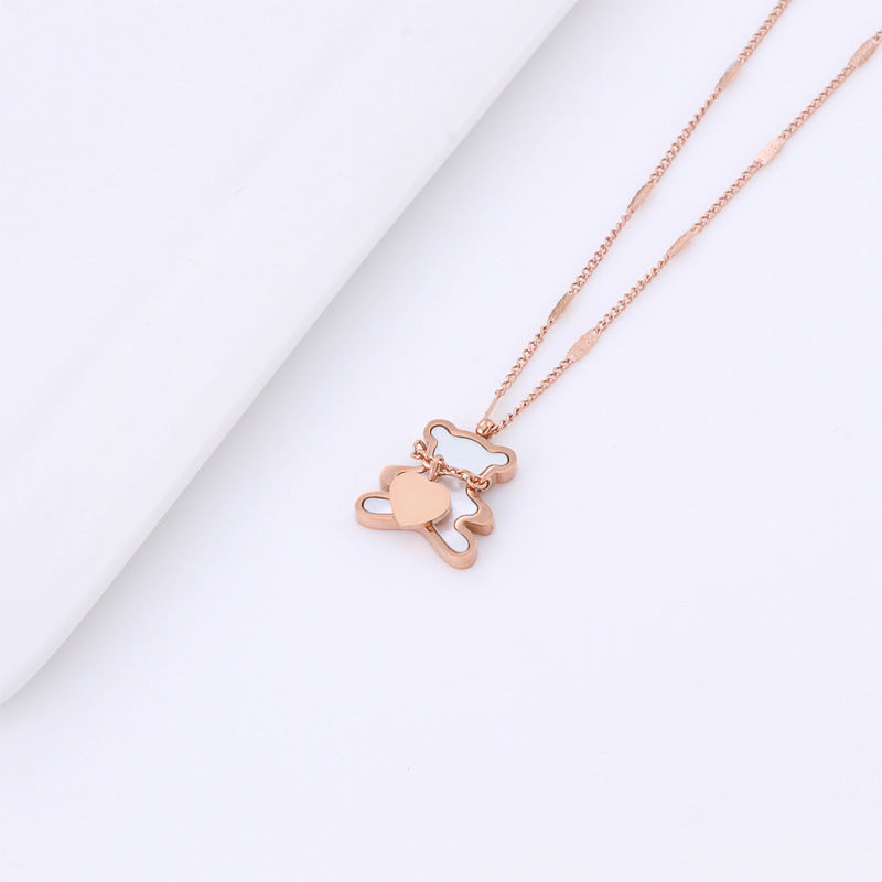 Minimalist Bear Heart Pendant Necklace for Women Titanium Steel Plated Clavicle Chain