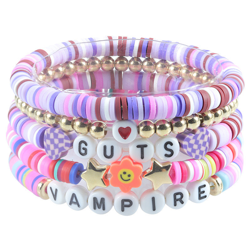 Purple Resin Letter Charm Bar Bracelet Set Unisex
