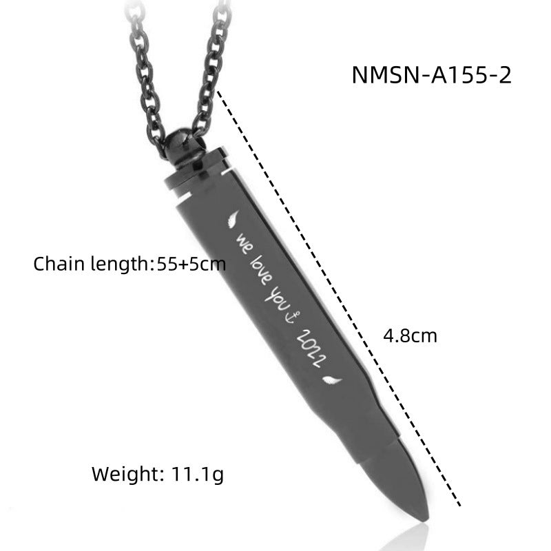 Collar masculino de acero titanio con forma de bala, geométrico y minimalista, con acabado chapado para un estilo versátil