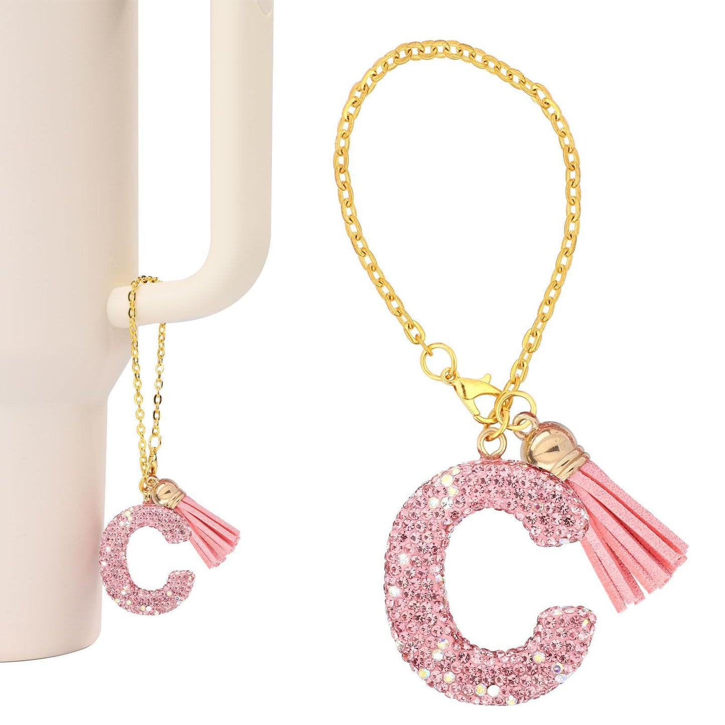 Minimalist Geometric Letter Ceramic Pendant with Gold Adjustable Chain Pink Tassel and Glitter Sequins
