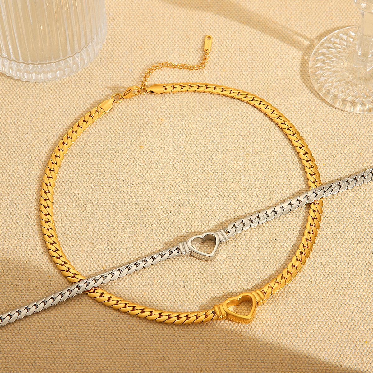 Minimalist Hollow Heart Pendant Necklace in Stainless Steel with 18K Gold Plating Cuban Chain for Women