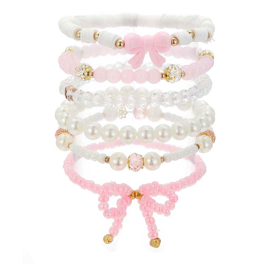 Sweet Cute Pink Glass Heart Bow Pearl Beaded Bracelet for Women