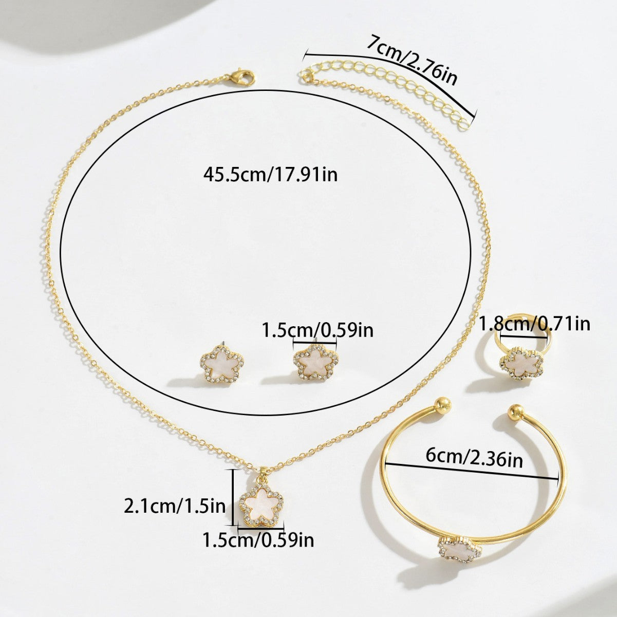 Set di Collana, Orecchini e Anello da Donna in Lega con Inlay di Strass, Motivo Floreale Geometrico, per un Look Elegante Quotidiano