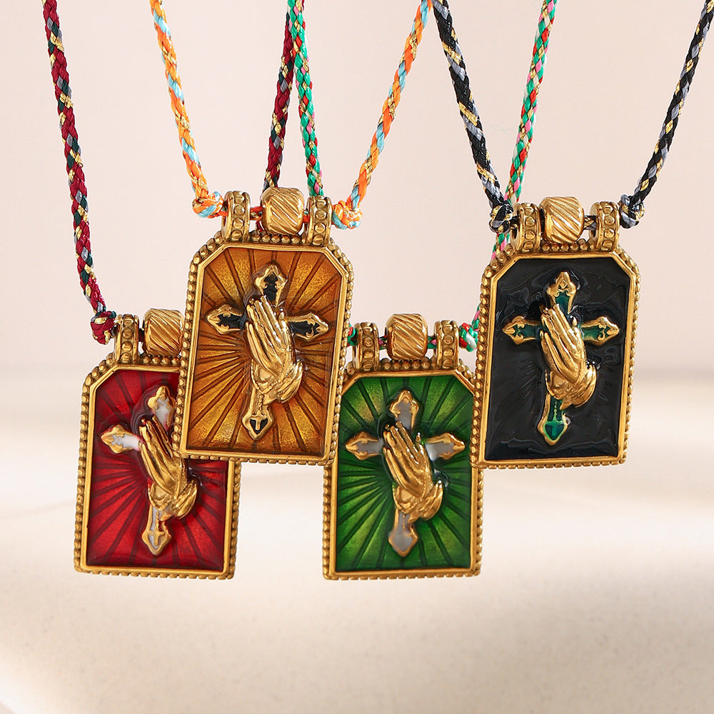 Minimalist Geometric Stainless Steel Cross Pendant Necklace with 18K Gold Plating and Enamel Finish for Women
