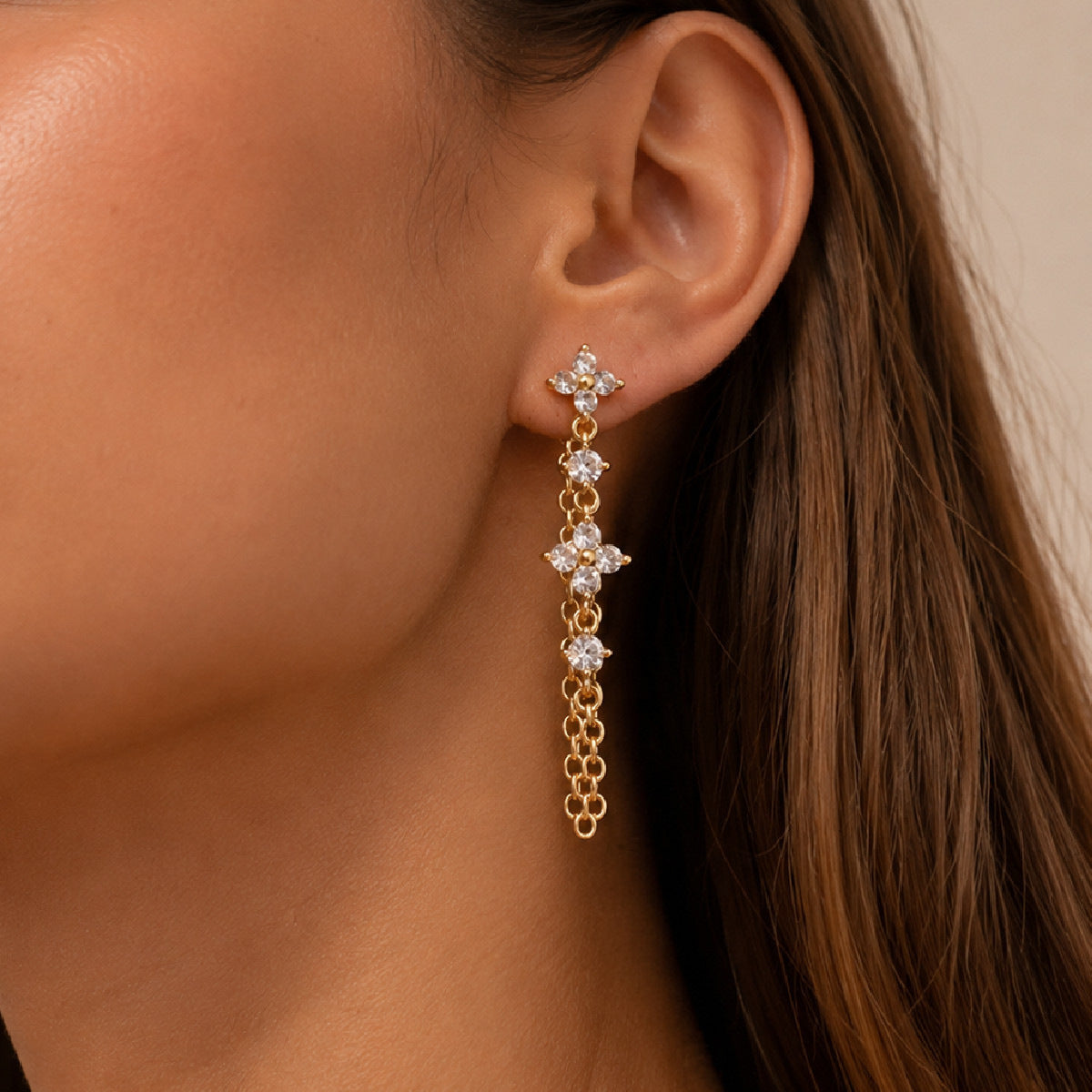 Elegant Gold Plated Brass Floral Rhinestone Drop Earrings for Women