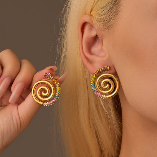 Minimalist Spiral-Shaped Stainless Steel Earrings with 18K Gold Plating and Zircon Inlay