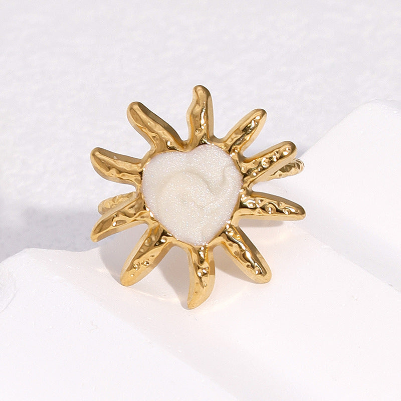 Anello aperto minimalista da donna in acciaio inossidabile placcato oro 18 carati con cuore e sole
