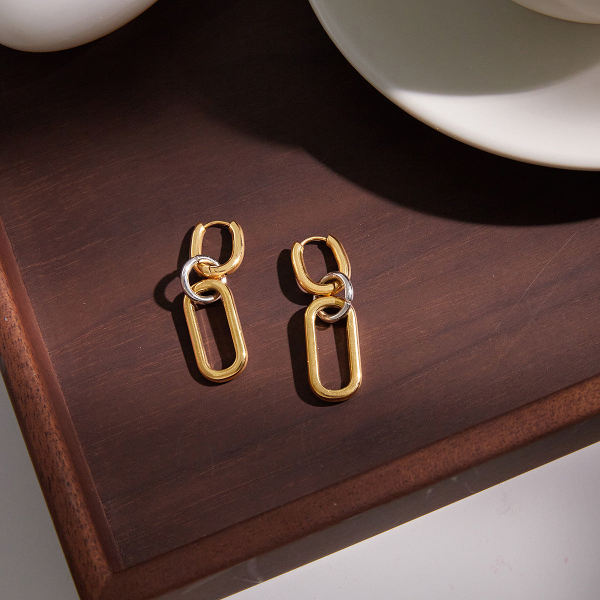 Luxury Geometric Two-Tone Plated Stainless Steel Hoop Earrings for Women