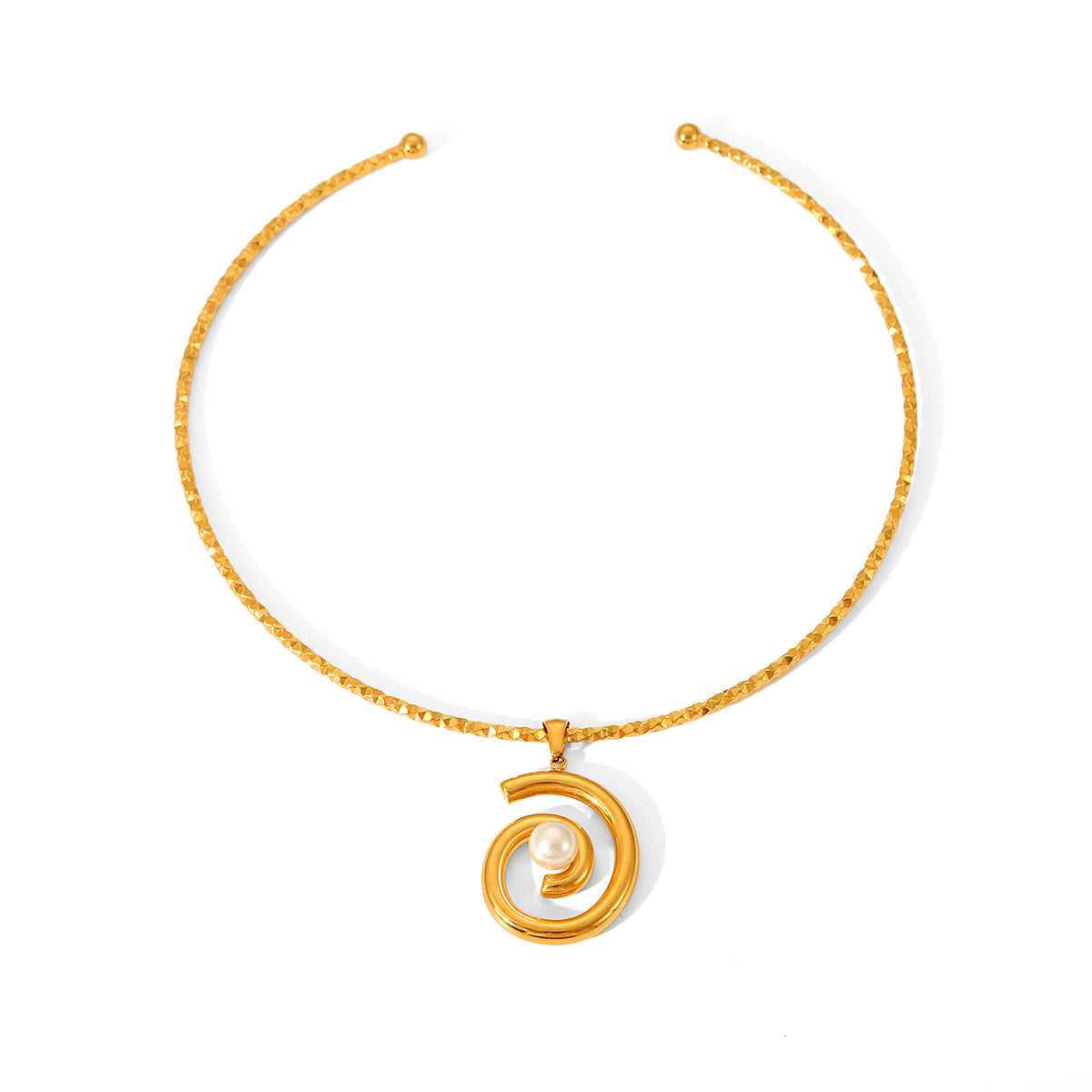 Elegante Choker Aperto in Acciaio Inossidabile Placcato Oro 18K Stile Francese con Pendente di Perle Filettate per Donna