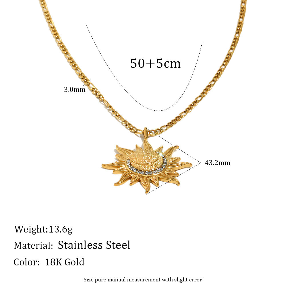 Minimalist Geometric Sun Pendant Necklace in Stainless Steel with 18K Gold Plating on Figaro Chain for Women
