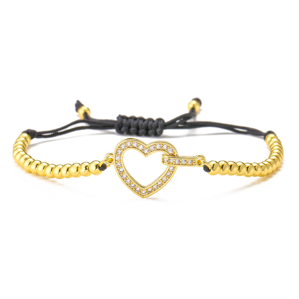 Minimalist Geometric Copper Bracelet with 18K Gold Plating, Zircon Accent, Adjustable Love Heart and Sunflower Design