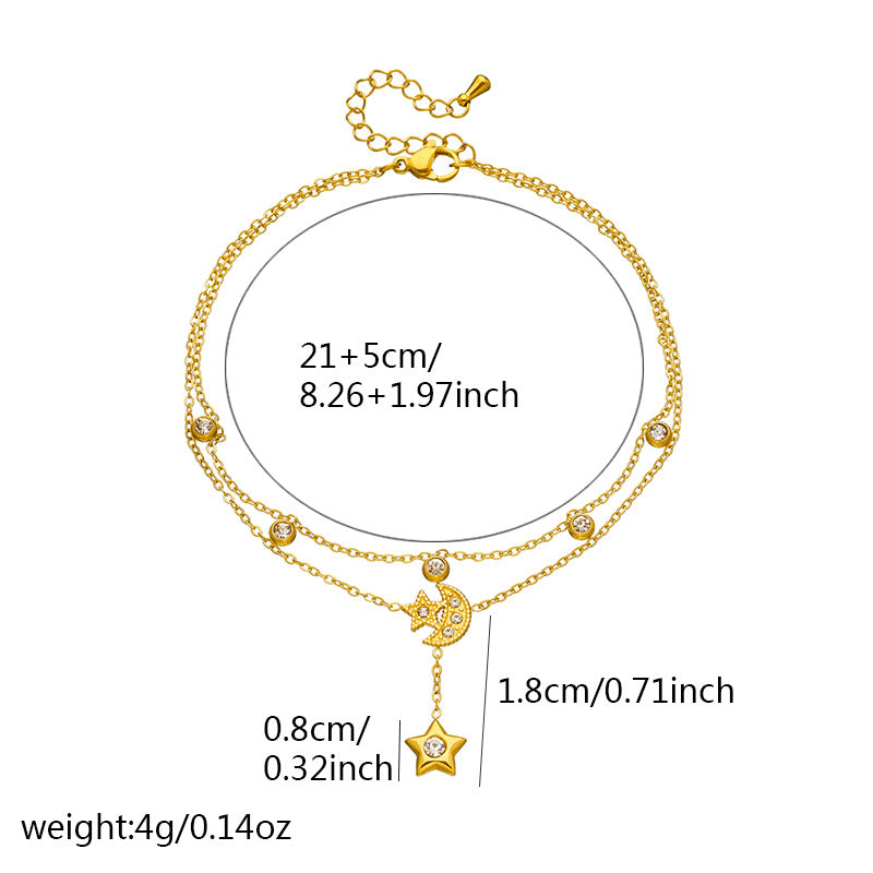 Minimalist Stainless Steel Star Moon Rhinestone Tassel Anklet for Women