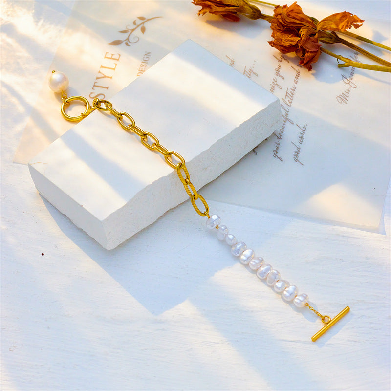 Punk Vintage Asymmetrical Pearl Beaded Pendant Bracelet with Titanium Steel Chain and Plated Finish