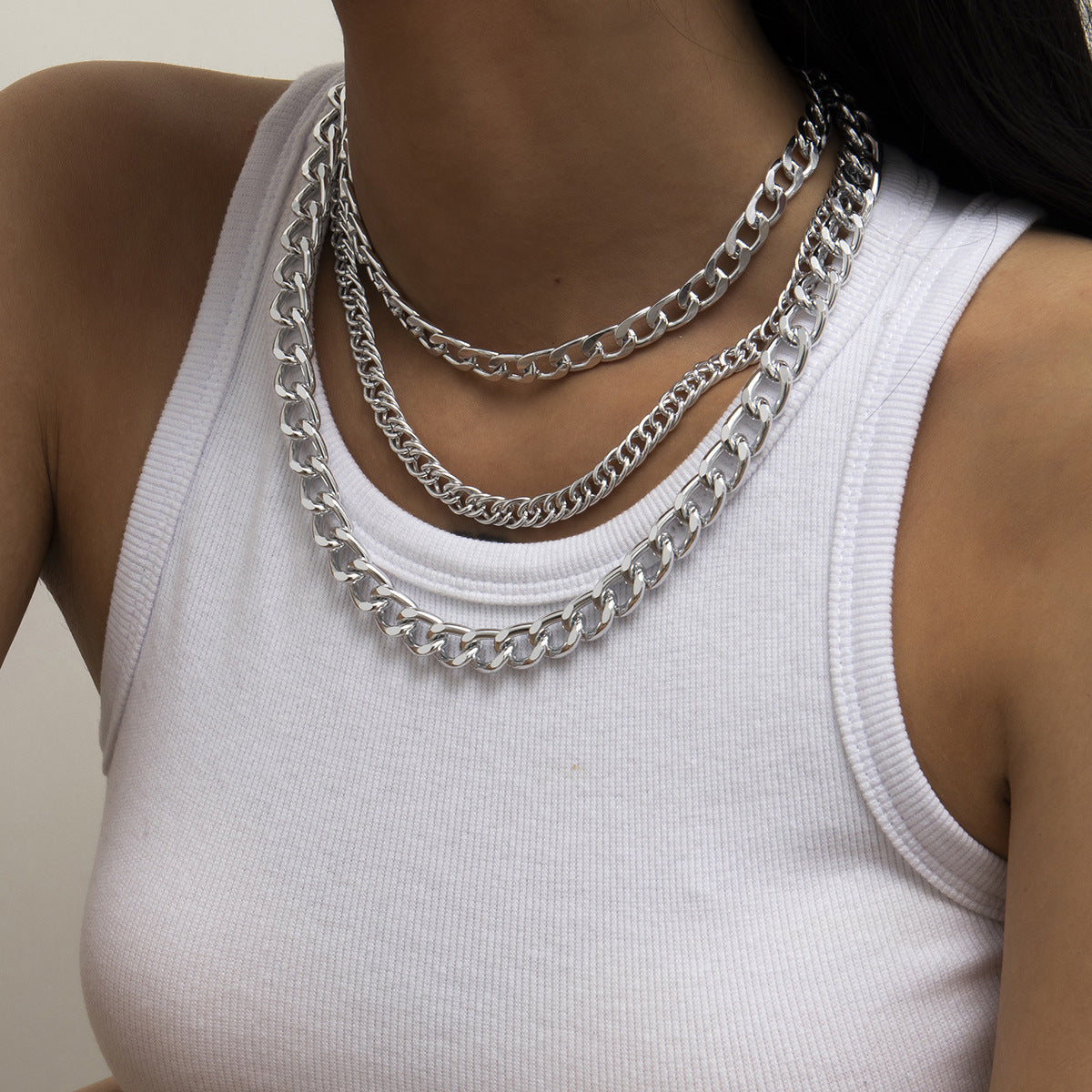 Punk Hip-hop Geometric Multi-layer Curb Chain Necklace for Women