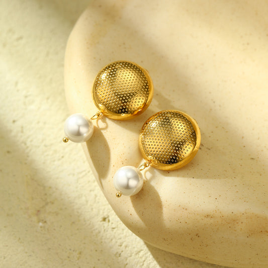 Fashionable Round Pearl Earrings in Stainless Steel with 18K Gold Plating for Women