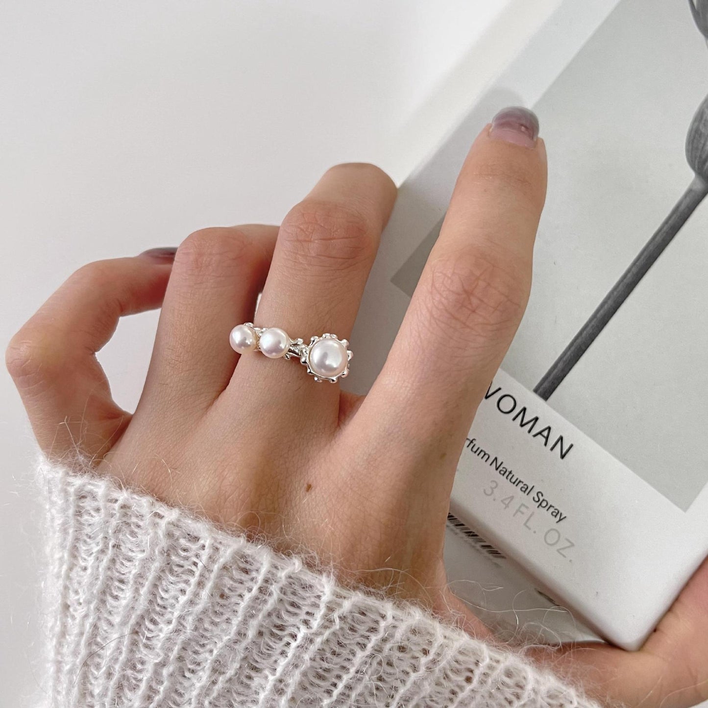 Minimalist Sweet 925 Sterling Silver Round Pearl Ring Vintage Finish
