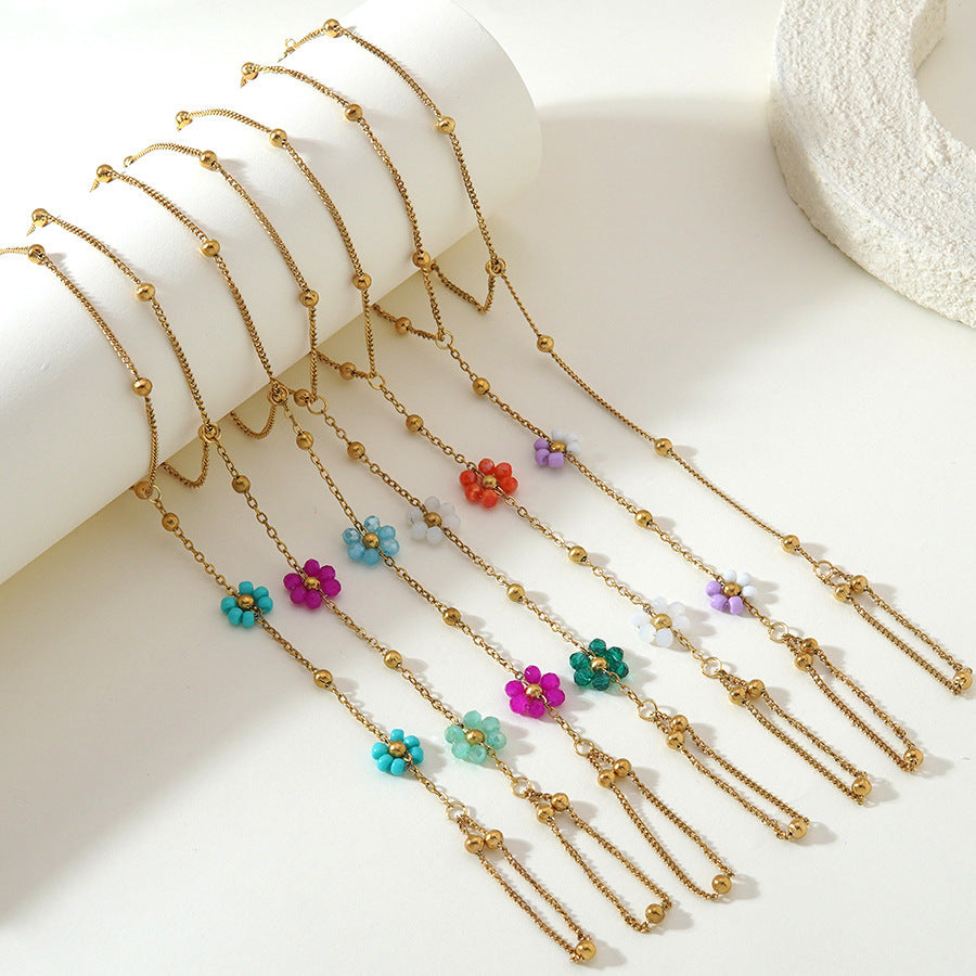 Elegante bracciale con anello a catena floreale geometrico minimalista in acciaio inossidabile placcato per donne